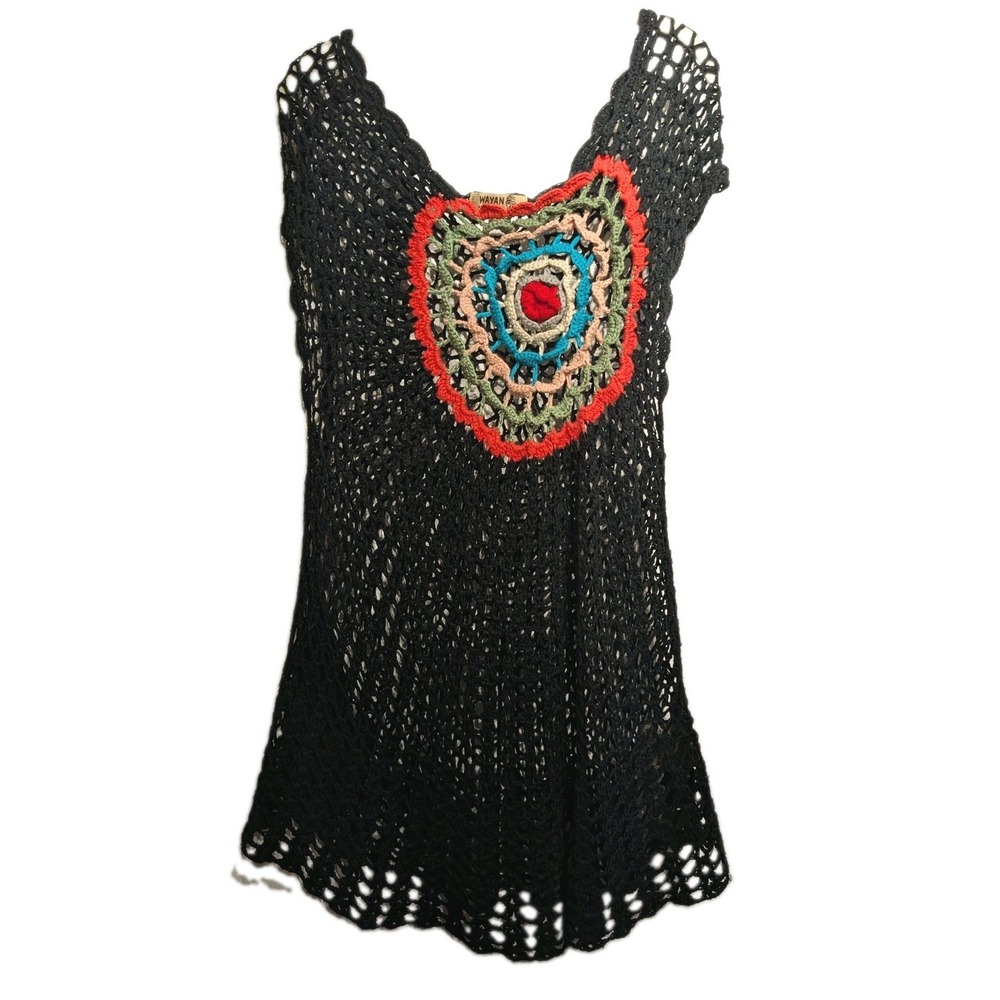 Wayan Natural Wear Swim Cover Up Womens One Size Black Crochet Medallion Tunic